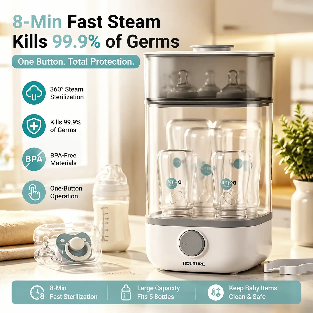 Baby Bottle Sterilizer – 8 Min Fast Steam, 99.9% Germ Kill, One-Button Cleaning for Newborn Essentials | BPA Free, Must-Have for New Moms