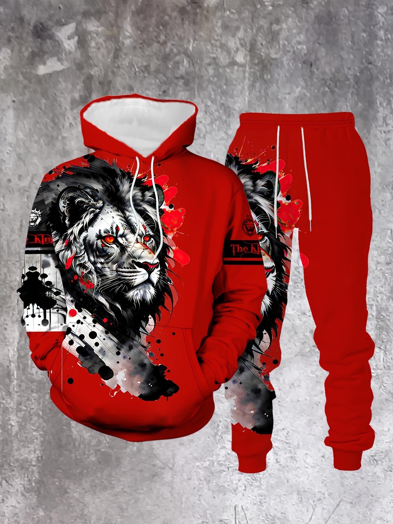 American Street Style Red Lion Print Hoodie Set Men's Casual Sports Two-Piece Suit