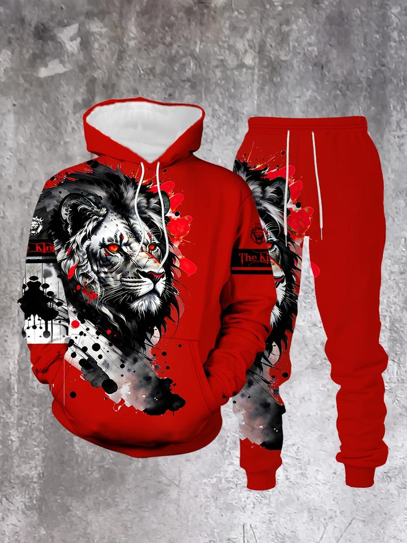 American Street Style Red Lion Print Hoodie Set Men's Casual Sports Two-Piece Suit