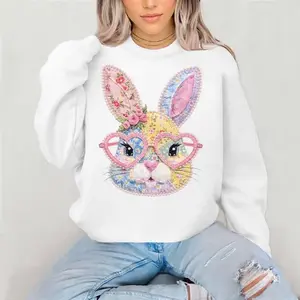 Patchwork Bunny Easter Sweatshirt/Hoodie/T-Shirt, Cute Rabbit Glasses Floral Quilt Graphic Hoodie, Spring Vintage Bunny Classic Tee for Women and Girls