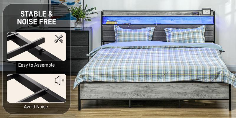 HOMCOM Bed Frame with Storage Headboard, Platform Bed Frame with LED Lights, Charging Station, Steel Slats, Noise-Free & Easy Assembly, No Box Spring Needed