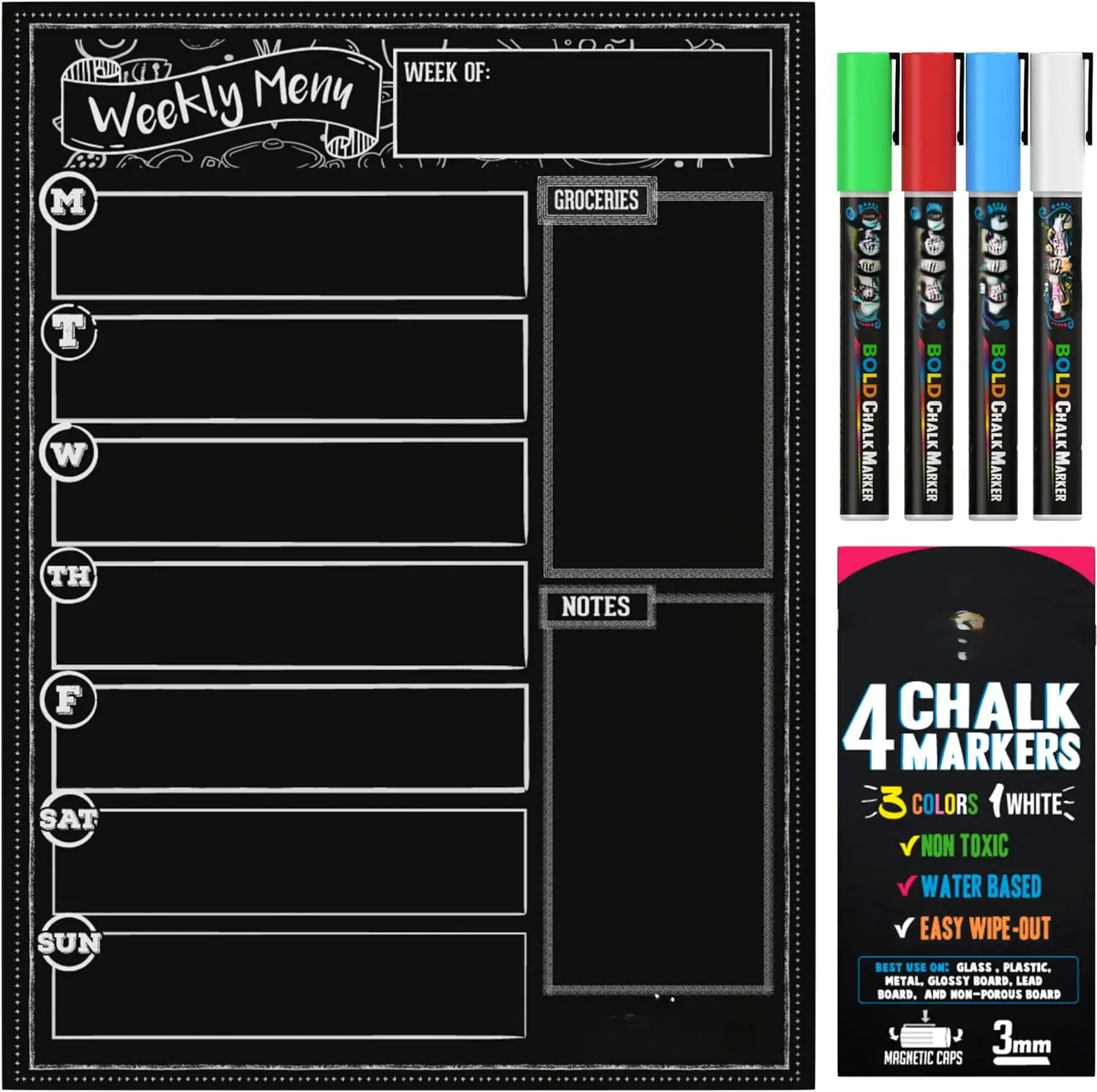 Magnetic Dry Erase Chalkboard Menu Board for Fridge - 4-Liquid Chalk Markers Set, 15.6"x11.6" Magnetic Fridge Fix, Home Meal Prep Tool with Glanceable Shopping Reminders, Easy-Maintain Reusable Arts & Crafts Accessory