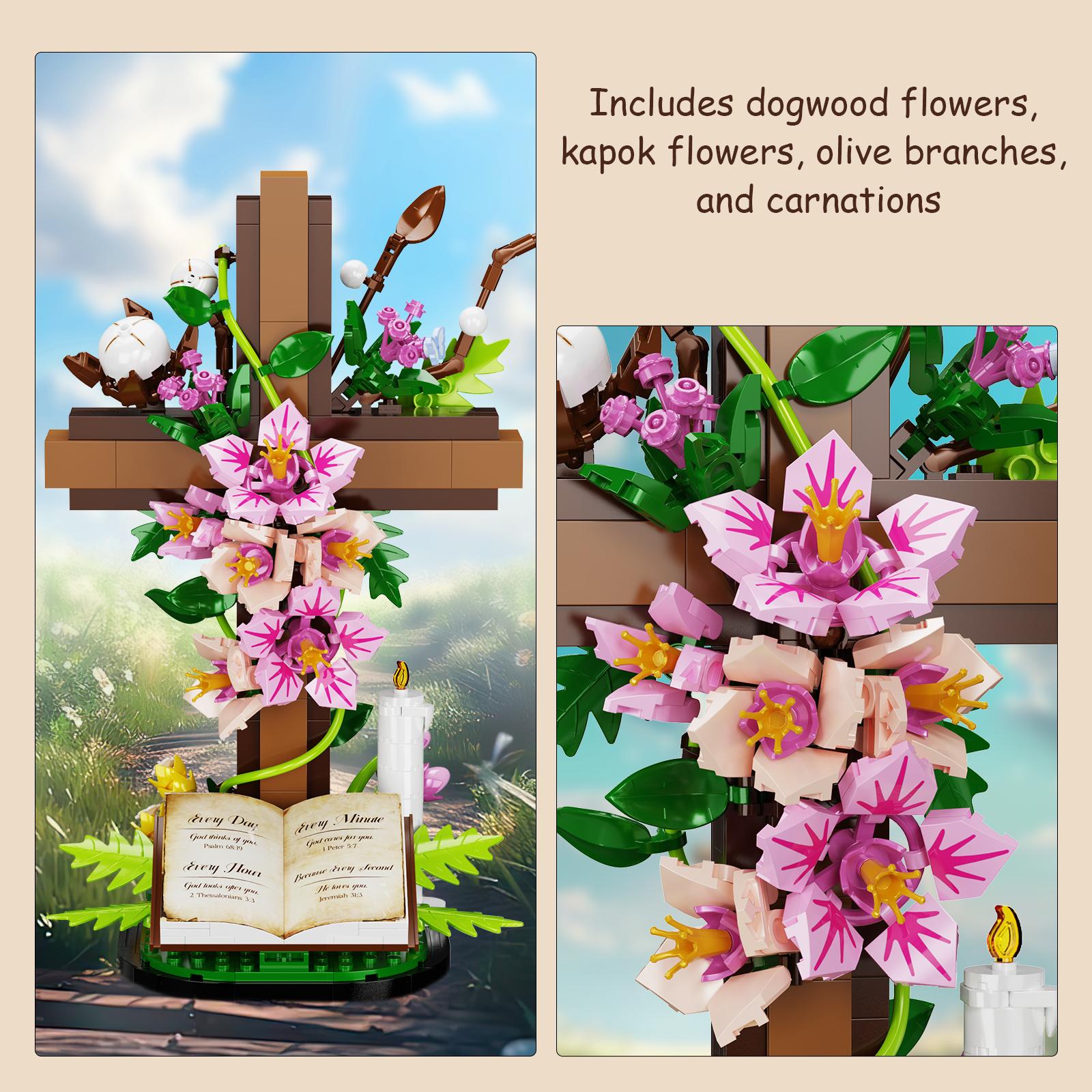 Jesus Cross Bouquet Building Set, Faith-Inspired Floral Block Kit Symbolizing Love, Hope & Resurrection, Memorial Display & Gift for Christian Believers