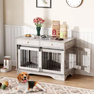 47" Wooden Dog Crate Furniture for 2 Medium/Large Dogs, Divider & Drawers