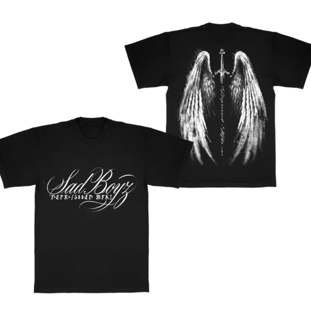 Junior H $ad B0yz Angel Wingz T-Shirts – Depressed MFKZ Graphic Printed, Double-Sided Latin Music Shirt, shirts men, shirts women.