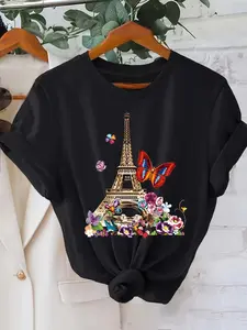 Butterfly and Eiffel Tower T-Shirt - Pure cotton regular short sleeve, 2025 new style, suitable for all seasons, full of European style, suitable for daily casual wear!