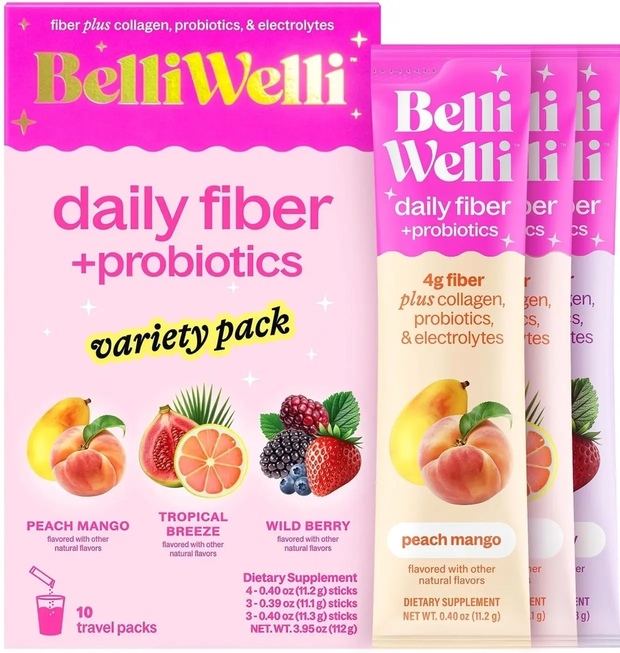 Belli Welli Fiber Supplement, Probiotics Fiber Powder Travel Pack for Women with Collagen & Electrolytes for Daily Gut Health & Debloating, Variety Pack, 10 Packets