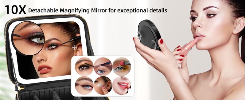 Travel Makeup Bag With LED Mirror, Cosmetic Train Case with Light up Mirror, Portable Makeup Artist Organizer Bag with Adjustable Dividers