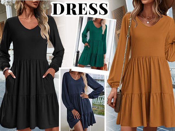 Women‘s Casual Tunic Dress V Neck Tiered Dress Long Sleeve Fit Swing Shift Dress with Pockets Loose Ruffled Dresses