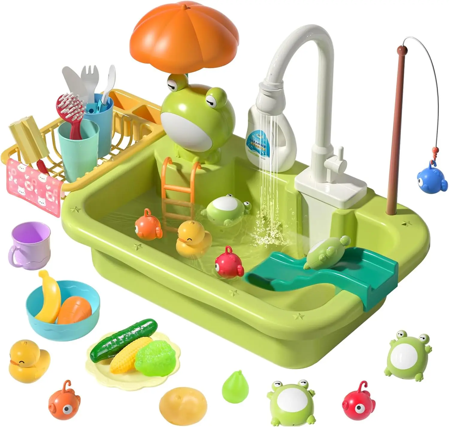 Cute Stone Unisex Play Kitchen Junior Kids Toys Set - Pretend Sink with Running Water, Upgraded Electric Faucet, Realistic Play Food, Frogs, Cooking Learning Kit with Batteries, Cool Gifts for Spring Day, 6-8 Years, Drain Rack Detaches