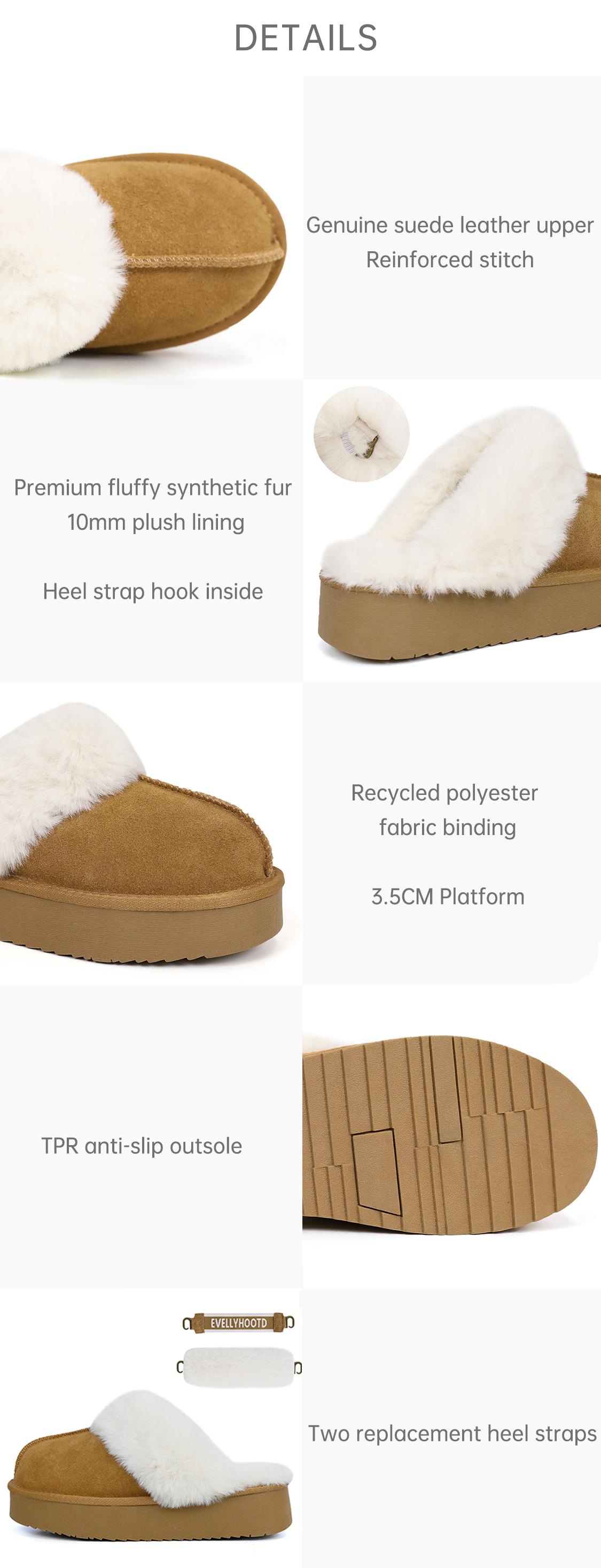 EVELLYHOOTD Women's Chestnut Genuine Leather Platform Slippers with White Fur Lining Non-Slip With TPR Sole Casual Winter Outdoor Shoes for Everyday Use