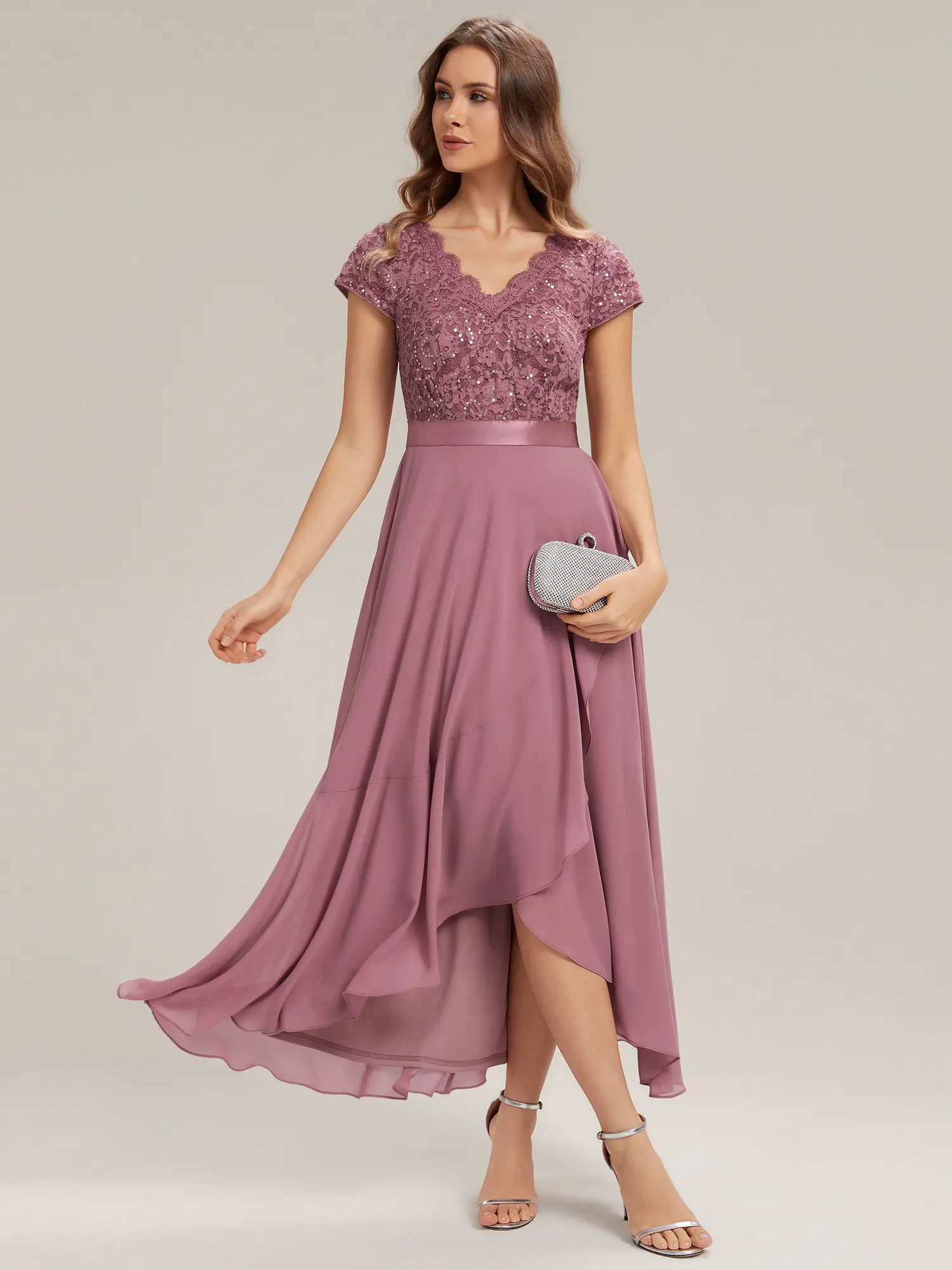 EVER PRETTY Women's Elegant A-Line Bridesmaid Dress with Deep V-Neck, Cap Sleeves, and Asymmetric High-Low Hem for Formal Wear, Chic, Basic, Zipper, Elegant Dresses, Sweet, Asymmetrical Cut, Lady, Classic, Modest