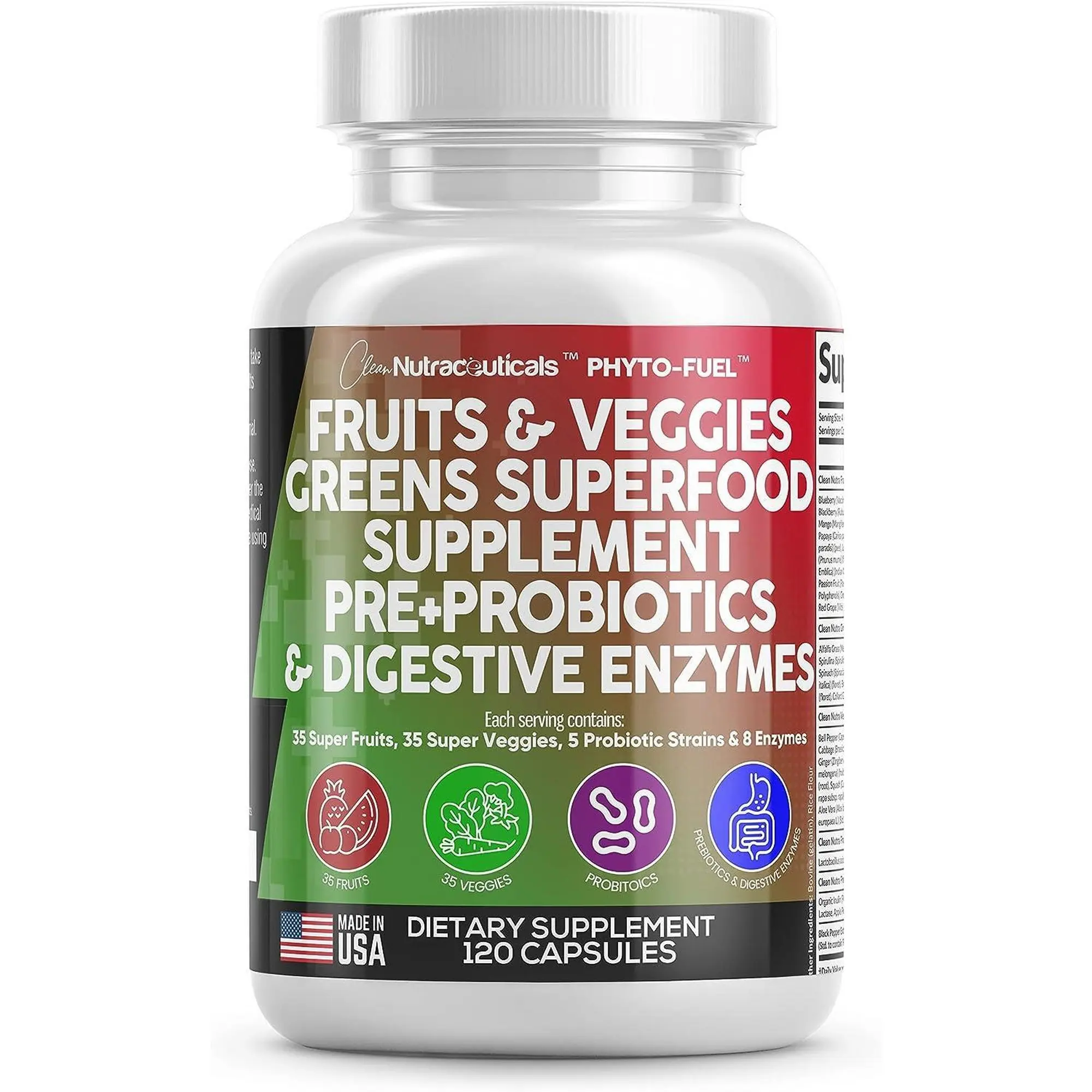 Clean Nutraceuticals Fruits & Veggies Supplement Greens Superfood Capsules, Prebiotics, Probiotics & Digestive Enzymes for Gut Health Support Capsules – Phyto-Fuel