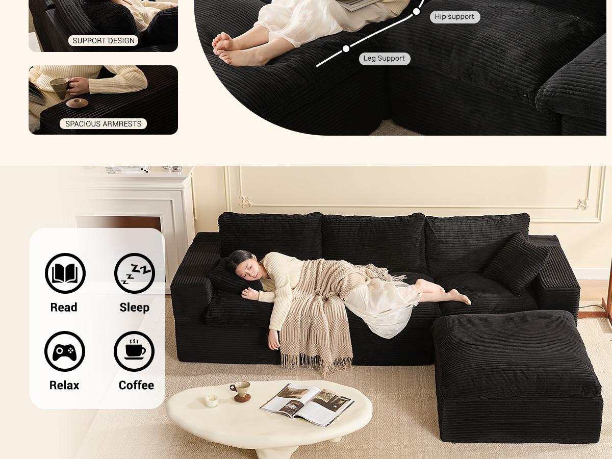 【3 Packages Shipping】106.3” Sectional Couches for Living Room, Cloud Couch, Modular Sectional Sofa, Convertible Sofas Bed, Deep Seat Sofa, L Shaped Cozy Sofa Furniture Set, Corduroy, Black 【3 Packages Shipping】106.3” Sectional Couches for Living Room, Cloud Couch, Modular Sectional Sofa, Convertible Sofas Bed, Deep Seat Sofa, L Shaped Cozy Sofa Furniture Set, Corduroy, Black