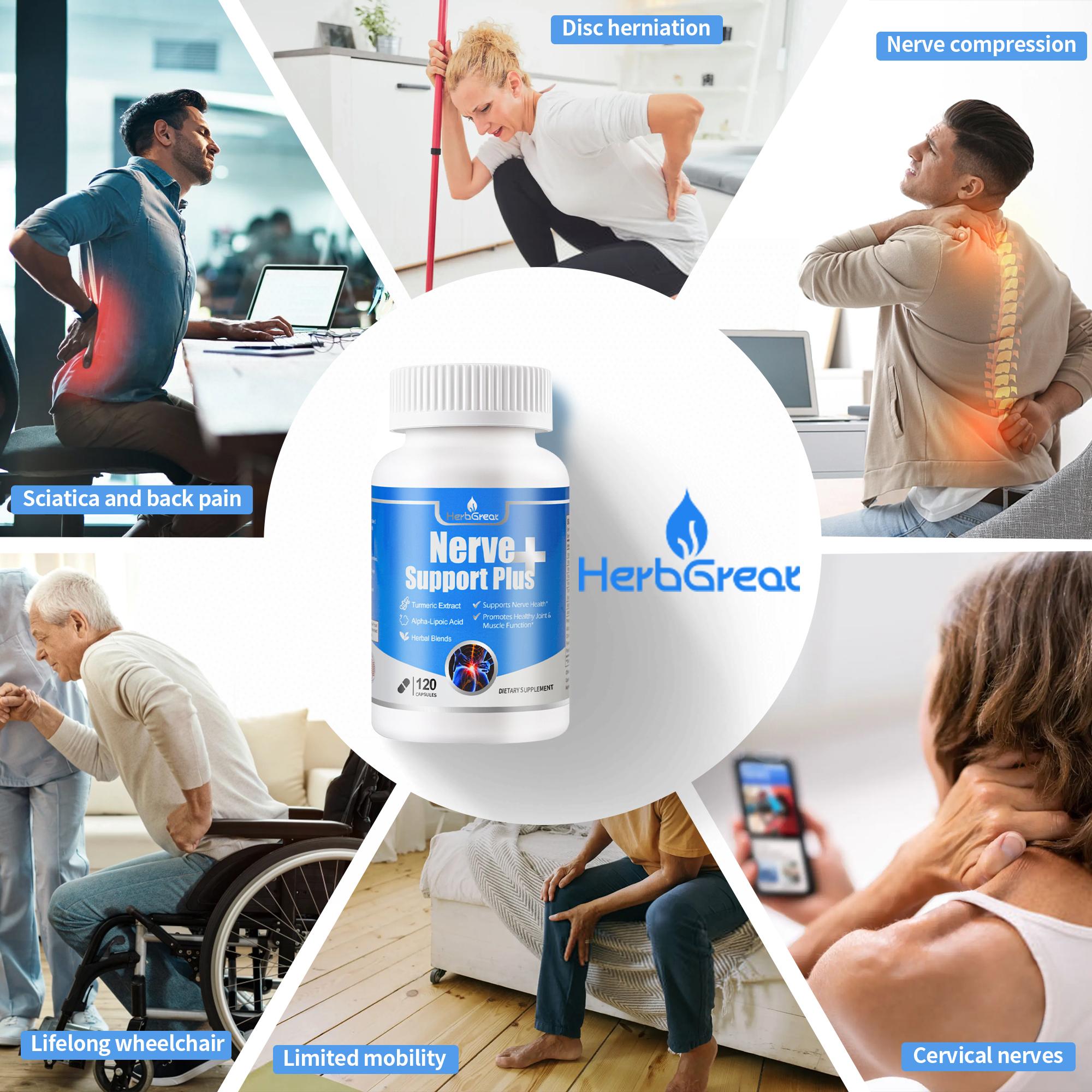 HERBGREAT Nerve Support Plus - 120 Capsules for Sciatic Nerve Health & Joint Comfort - Turmeric, Alpha Lipoic Acid, Acetyl-L-Carnitine, Vitamin C & B-Complex - USA Made - Sciatica Relief Supplement - Bone Immune Drops HERBGREAT Nerve Support Plus - 120 Capsules for Sciatic Nerve Health & Joint Comfort - Turmeric, Alpha Lipoic Acid, Acetyl-L-Carnitine, Vitamin C & B-Complex - USA Made - Sciatica Relief Supplement - Bone Immune Drops