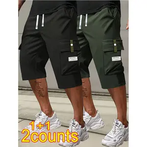 Men’s solid-color cargo shorts, 2-pack loose fit, drawstring waist and pockets, suitable for everyday casual wear; multifunctional, comfortable and well-fitting, ideal for work and leisure activities, appropriate for various occasions. Menswear