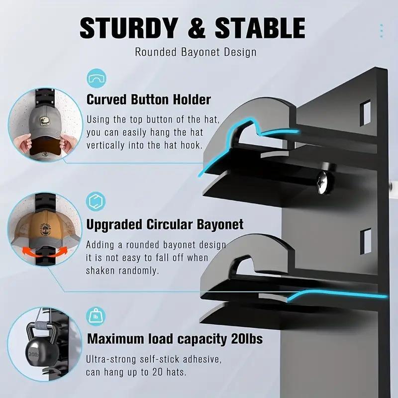 2-Pack Wall-Mounted Hat Organizer | Baseball Cap Rack (Black), Adhesive valentine's gift for bf，Mount, Stable Structure, Holds 20 Hats, Easy Access & Installation, Hanging Display for Closet, Door & Bedroom，