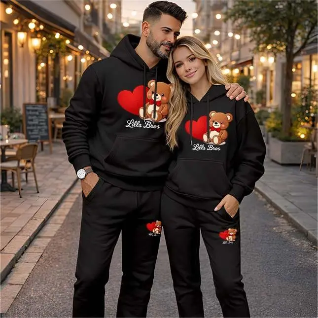 Men's Minimalist 2-Piece Casual Bear Heartbeat Print Tracksuit - Polyester Long Sleeve Hoodie with Drawstring, Loose Bottom Sweatpants Matching Set, Athletic, Hooded Neck, Baggy, Casual Athletic, Drawstring Pants, Minimalist Set, Menswear, Two Piece Set