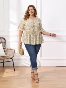 GRACE & GRANDEUR Plus Size Tops for Women Ditsy Floral V Neck Tie Front Peplum Top Ruffle Sleeve Summer Babydoll Blouse