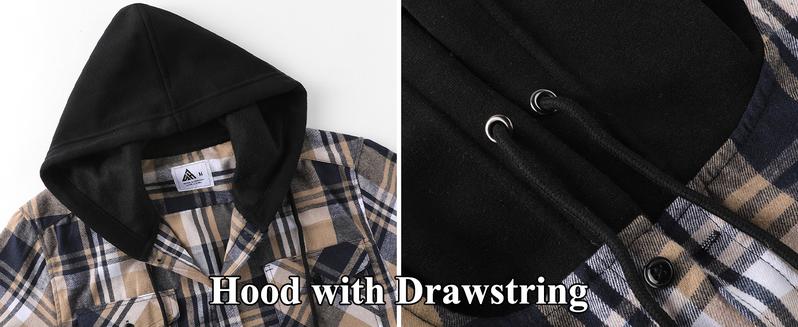 ZITY Men's Brown Plaid Hooded Flannel Shirt Long Sleeve Button Down with Pocket Casual Lightweight Jacket Menswear Tops Checked- Sweatshirts Wetsuit