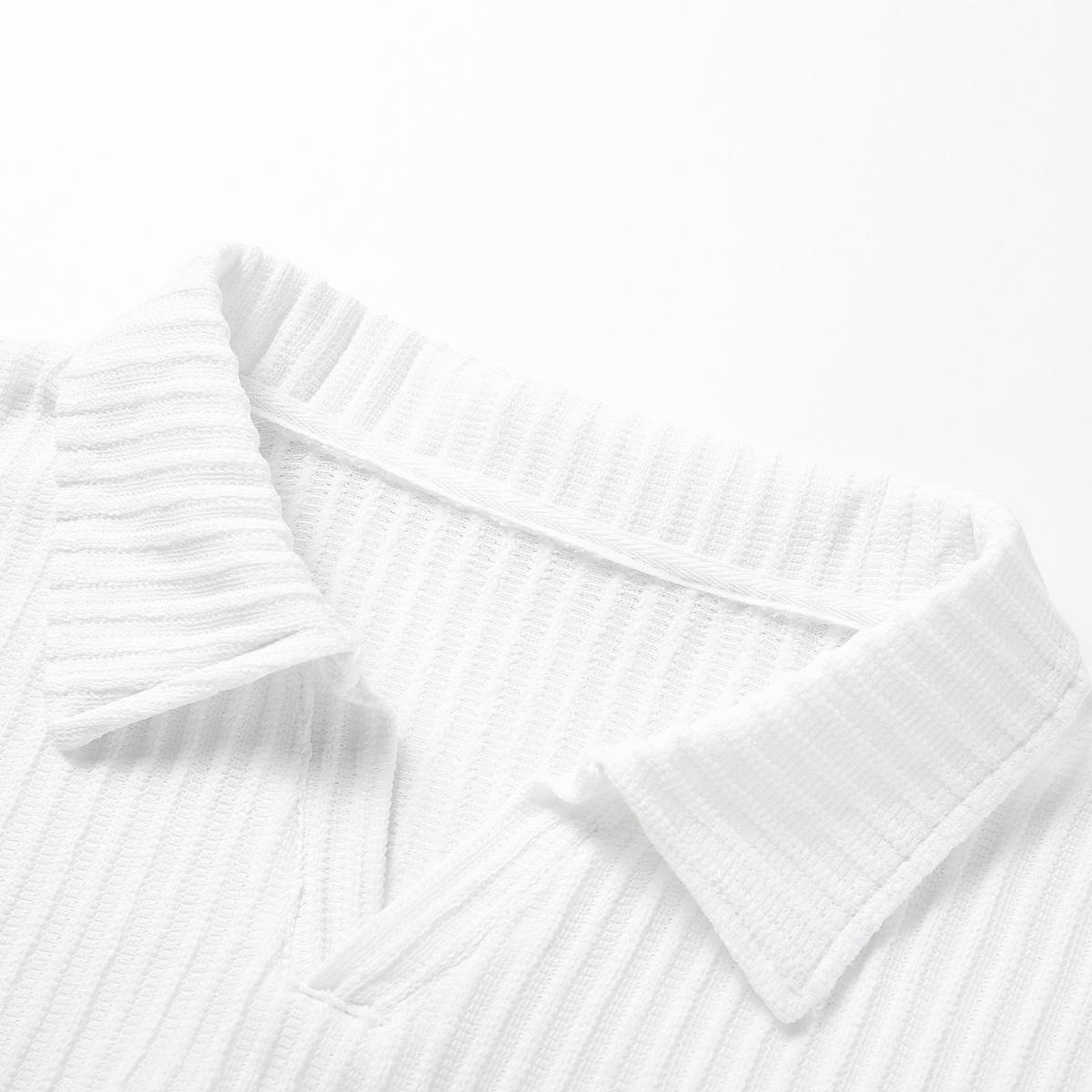 Classic men's solid color summer polo shirt shorts set, regular version with vertical fine stripe texture and exquisite collar design to create a refined casual look