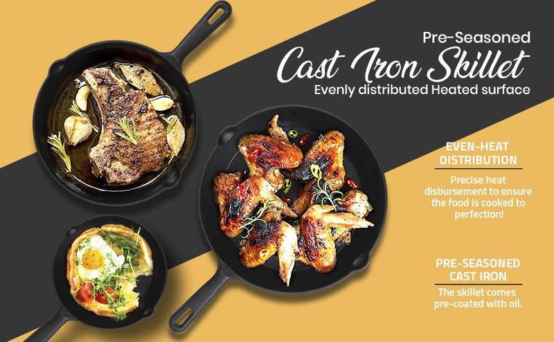 Saute Fry Pan - Pre-Seasoned Cast Iron Skillet Set 3-Piece - Frying Pan - 6 Inch, 8 Inch and 10 Inch Cast Iron Set (Black)