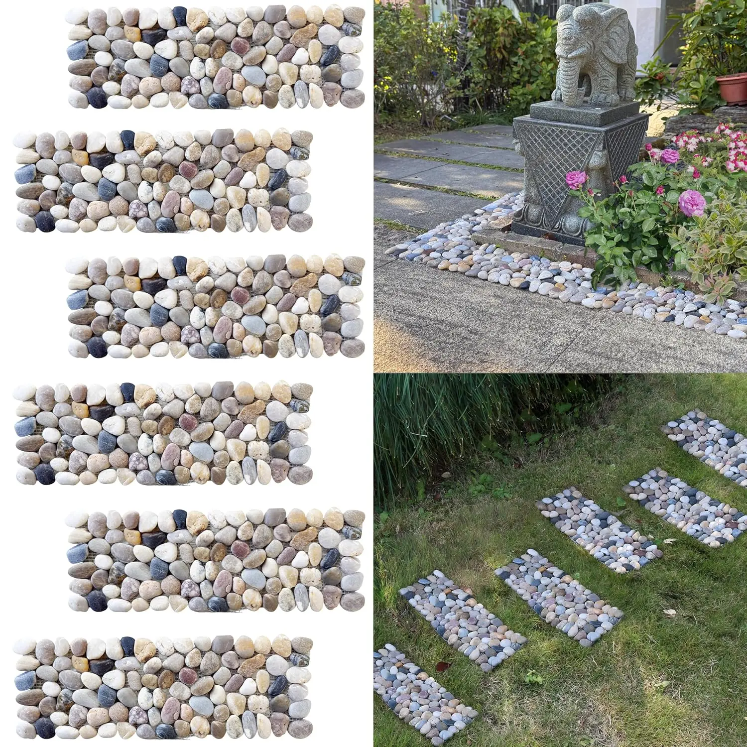 6 Pcs 15.5" L × 5.5" W River Rock Stepping Stones, Rectangles Pebbles Polished Gravel, Outdoor Pebble River Stone Mat for Yard Lawn Patio Pathway Landscaping (Rectangles, 15.5" x 5.5")