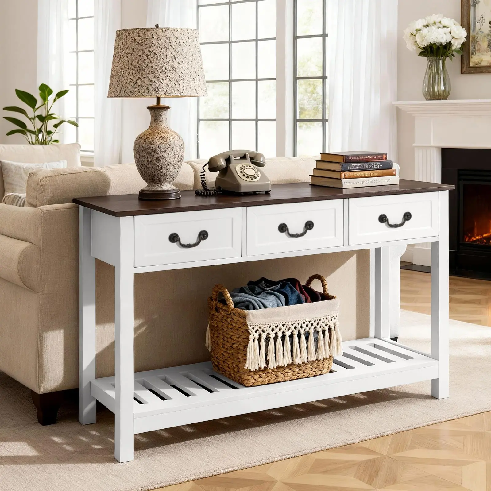 【SummerFinds Outlet】VEVOR 47in Farmhouse Rectangular Table - Narrow Wooden Console Table with Drawers & Bottom Storage Shelf, Living Room Entryway Furniture for Small Spaces, Brown + White, Entryway Decor
