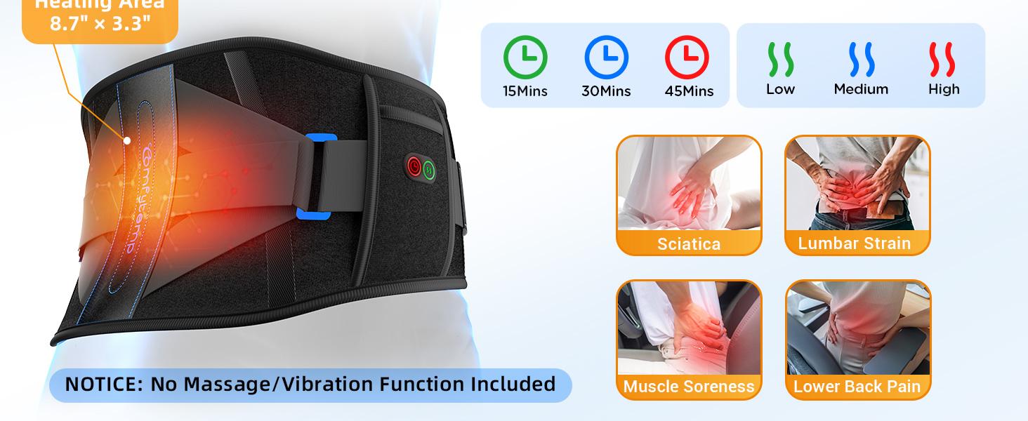 Comfytemp Back Brace with Heat, Back Support 3 Heating & 3 Timers, Birthday Gift for Men and Women, 52 Inch (No Massage)