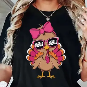 Women's T-Shirt with Cute Turkey & Gobble Gobble Bow Design - Pink Glasses Turkey Bow Accent, Short Sleeve Round Neck Casual Top for Thanksgiving, Turkey Day Parties, All-Season Wear