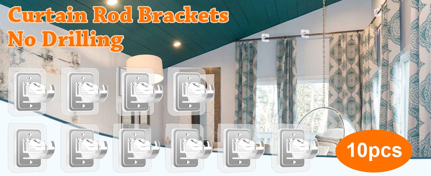 10-piece set of drill-free curtain rod brackets - Adjustable PET curtain rods, 17 pounds, suitable for home, kitchen and bathroom, can fix the curtain rods without nails