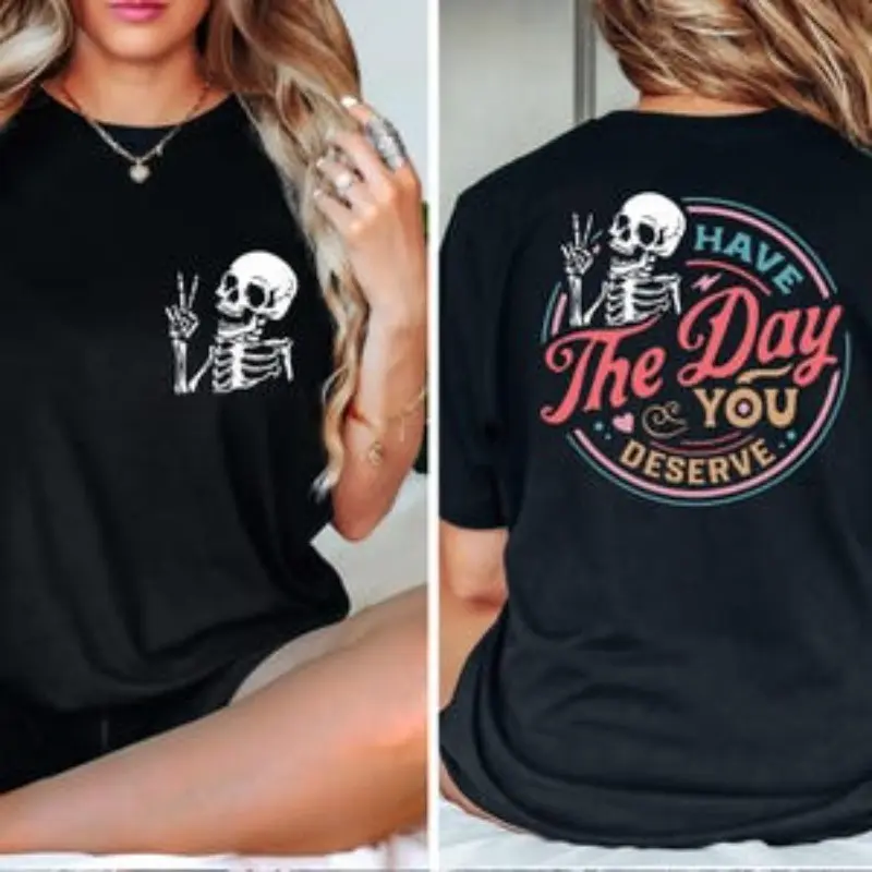 Women's Cotton T-Shirt with Skeleton Graphic, Regular Fit with Short Sleeves and Round Neck for Casual, Sporty Chic Wear, Cotton Casual Tee, Tshirt