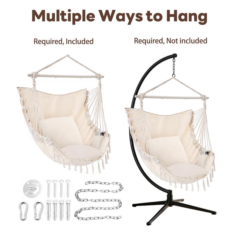 Single Hammock Chair with 2 Cushions, Hammock Swing, Macrame Hammock with High Load-Bearing Metal Rod, Indoor＆Outdoor