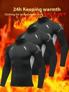 Men's 3-piece thermal underwear set, fleece-lined and highly elastic, perfect for keeping warm in winter, ideal for home wear, features a round neck and long sleeves, suitable for outdoor sports, fitness, hiking, and running.