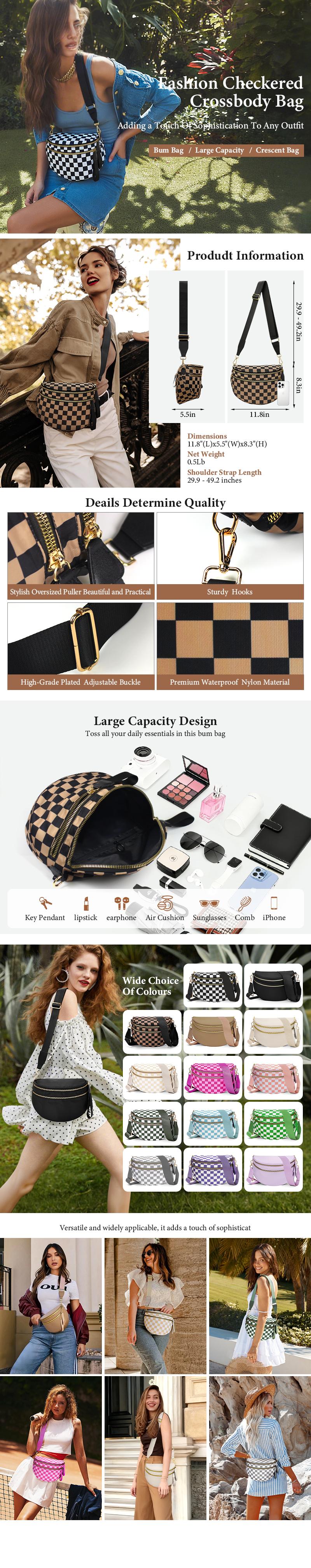 Women's Checkered Crossbody Bag Plus Size ,New Style Fashionable & Versatile, Large Capacity Nylon Shell Bag, Lightweight Messenger Bag for Sports,Outdoor,Work,Trave