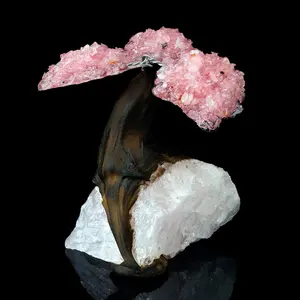 Rose Quartz Gem Tree on Natural Quartz Base - Healing Crystal Bonsai Sculpture