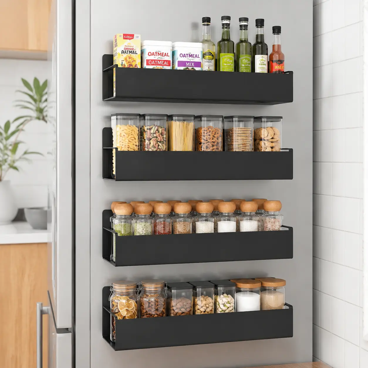 4 Pack Magnetic Spice Rack Organizer with Hooks for Refrigerator and Oven, Black Fridge Organizers and Storage for Kitchen