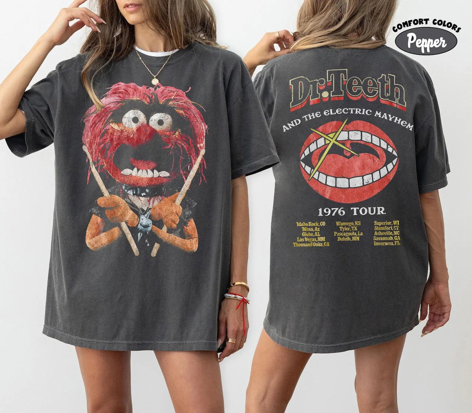 2-sided Comfort Colors The Muppets Dr. Teeth & The Electric Mayhem 1976 Tour Shirt, The Muppets Show Matching Tee, WDW Family Trip Shirt