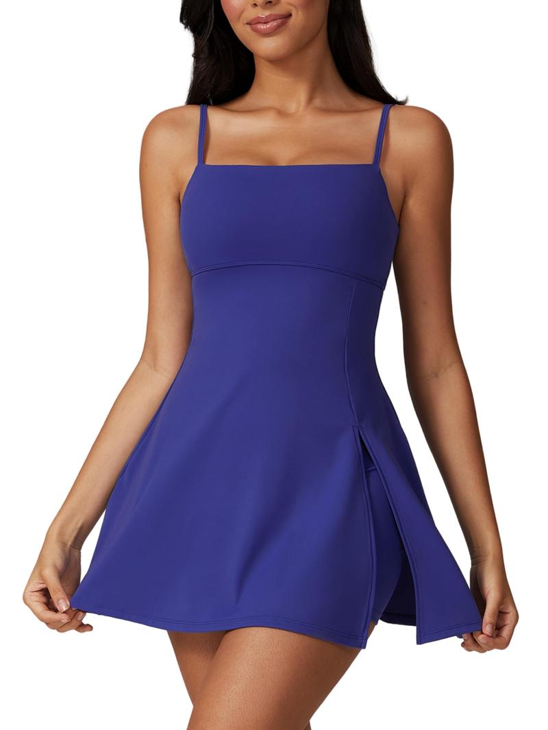 Women's Tennis Dress with Square Neck Built-in Shorts Backless Golf Dresses Workout Side Slit Athletic Golf Dresses in Multiple Colors Sleeveless Casual Everyday Seamless Sportswear Summer
