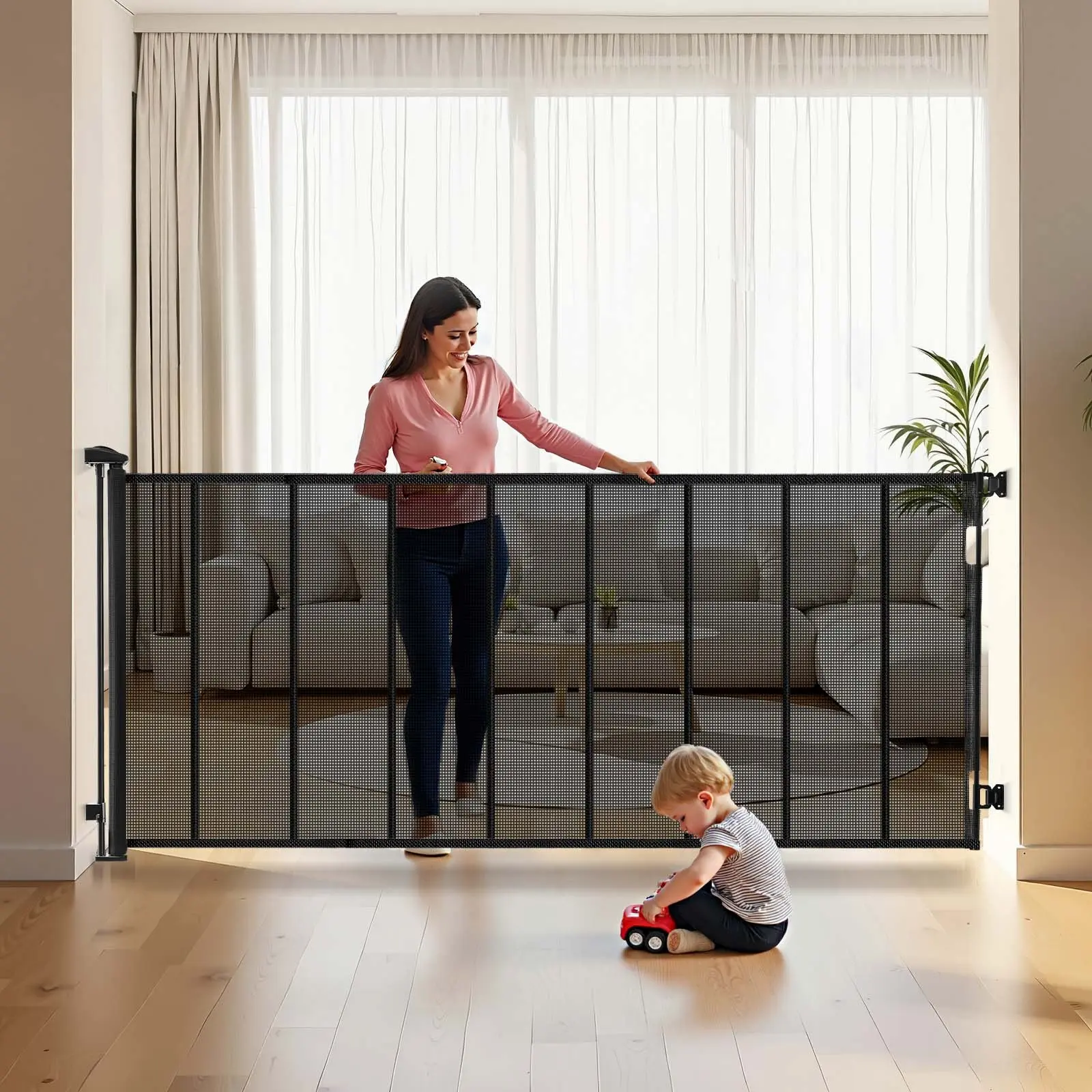 VEVOR Retractable Baby Gate - 39 in Tall, Extends to 163.3 in Extra Wide, Fiberglass Reinforced Strips, Mesh Design Avoids Crawling Through, for Decks, Doorways, Indoor Use, Black