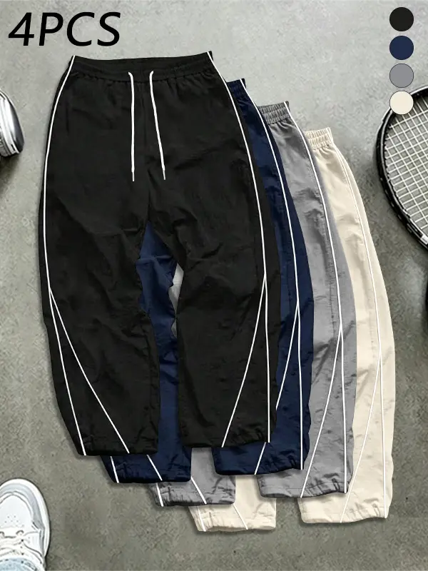 4 Pack Men’s Spring/Autumn Straight Leg Striped Pants — Trendy Street Style, Versatile Casual Loose Jogger Pants