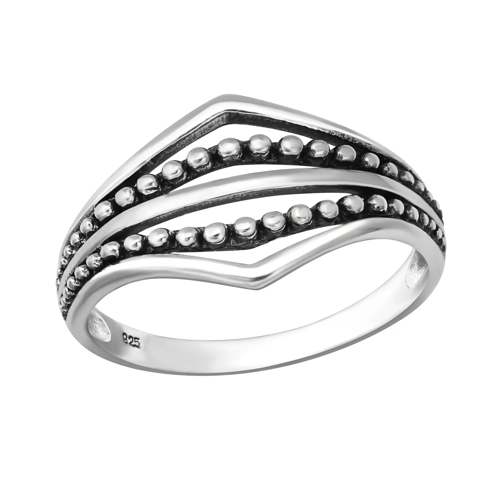 Bead Lined Chevron Ring - Oxidized 925 Sterling Silver