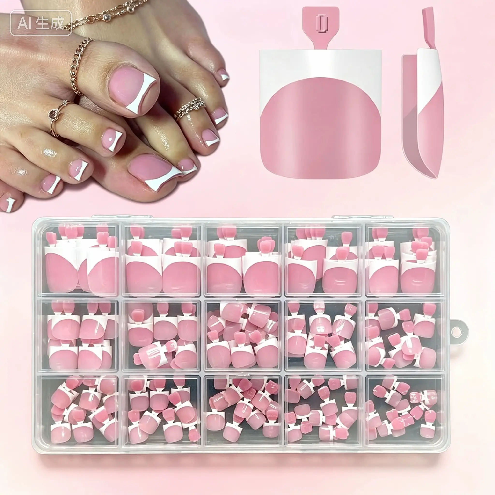 French Tip Toe Nail Tips Press on, Sharp Square Pre-Designed Soft Gel False Toenail Extension, BERRY PINK Pre-applied Tip Primer & Base Coat, Full Cover Acrylic for DIY x 15 Sizes 150 pcs