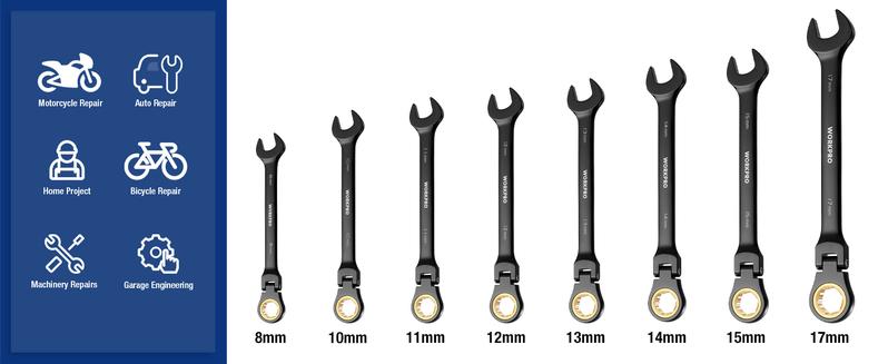 #JumpstartSale WORKPRO 8-piece Flex-Head Ratcheting Combination Wrench Set, 72-Teeth, Cr-V Constructed, Mirror Polished Chrome Plated with Roll Up Pouch