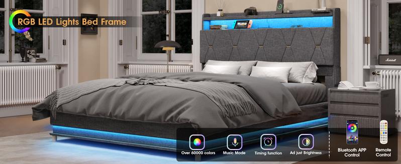 Vabches Lift Up Storage Bed Frame, Storage Headboard with Charging Station, LED Lights Upholstered Platform Bed, No Box Spring Needed, Noise-Free