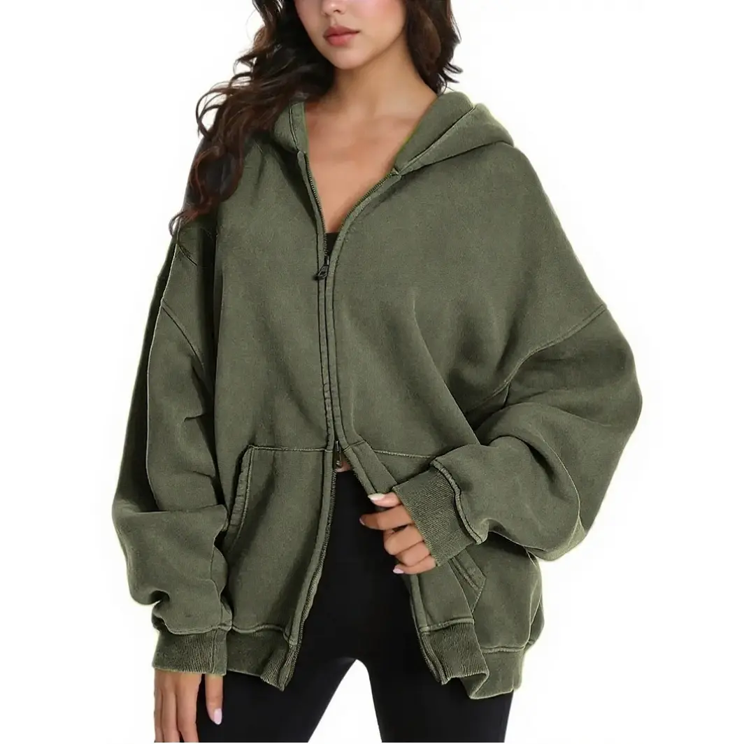 Women's Baggy Acid Wash Zip Up Hoodie in Heavyweight Cotton Fleece, Essential Streetwear Outerwear with Ribbed Trim and Pockets, Everyday, Long Sleeve, Basic, Zipper, Adjustable, Oversized, Lady, Piece, Chain, Style, Fabric, Tops, Longsleeves, Polyester,