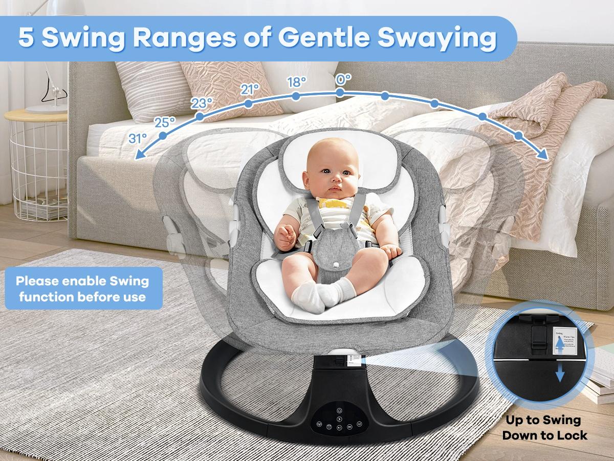 Baby Electric Bouncer Baby Swing with 5 Speeds & 10 Lullabies,Remote Control,Adjustable Backrest,Bluetooth Connection,Firm Headrest,Mosquito Net,Indoor Use