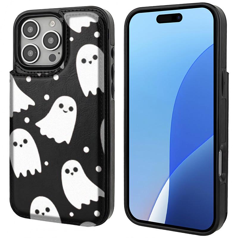 Halloween cute ghost Aesthetic Design Pattern Casing For iphone 16 15 14 13 12 Plus Pro Max Flaunt Mobile Phone Case TPU Pu Leather Card Holder Drop Protection Shockproof Protector Vintage unique Fashion Trend Anti-scratch Stylish Smartphone Cover