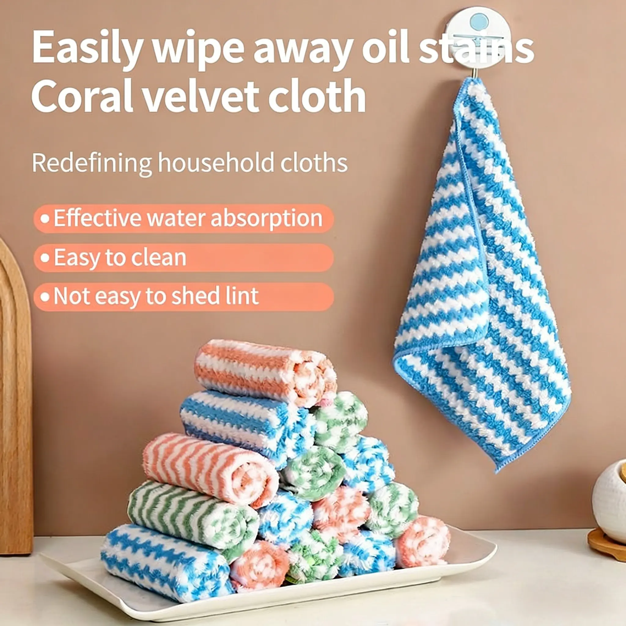 10 Counts Microfiber Cleaning Cloth, Kitchen Towels Absorbent Streak Free Cleaning Towels for Dish Drying Washing, 9.84" x 9.84" Striped Washable and Reusable Towels