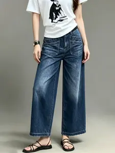 Women's High Waist Patch Pocket Cropped Wide Leg Jeans, Vintage Dark Wash Capri Denim Pants, Casual Everyday Streetwear